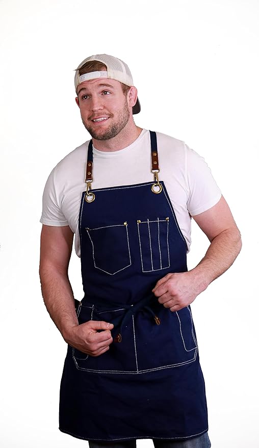 Caldo Canvas Kitchen Apron for Cooking - Mens and Womens Canvas Apron for Professional Chef, Server, or Barista- Adjustable with Pockets (Navy)