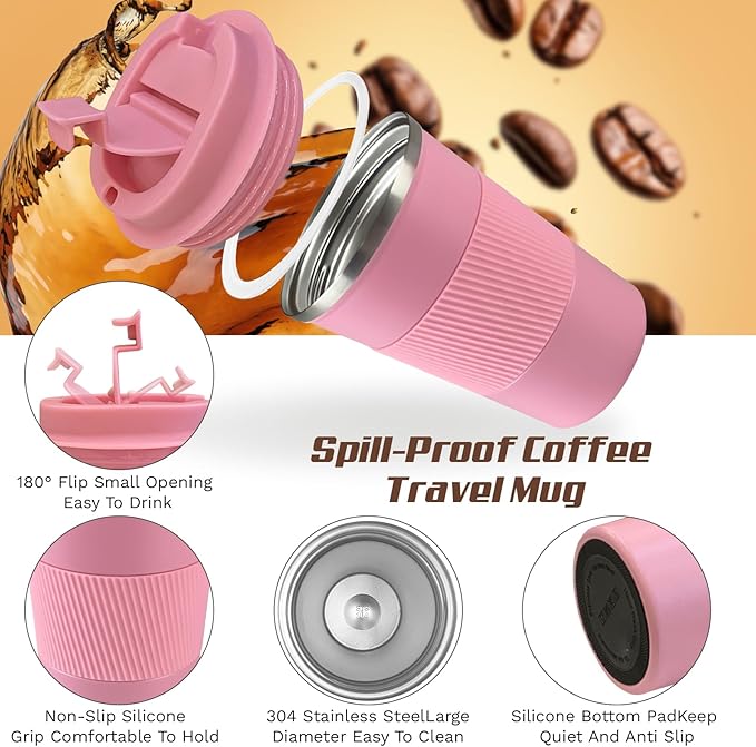 Vacuum-Insulated Stainless Steel Travel Coffee Mug, Leak-Proof Reusable Coffee Cup with Lid - Keep Hot & Cold Drinks for Hours, Durable Thermos Tumbler for Men & Women (3rd-Pink, 17OZ)