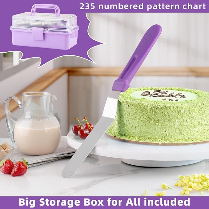 Cake Decorating Kit: Decorating Supplies Tools Kit 235 PCS Baking Accessories Include Spiping Bags and Tips Set, Piping Tips Set, Spatulas, Cake Scraper, 100 Piping Bags, Purple