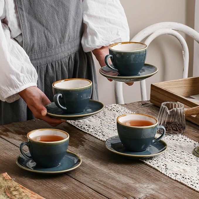 SHUER Ceramic Cappuccino Cup Set of 4, 7.8 OZ Cups and Saucers Set,Coffee Mocha Cup Sets,Black Coffee Cups and Glaze Americano Mugs Great for Party and Low Tea Time (Blue 220ml)