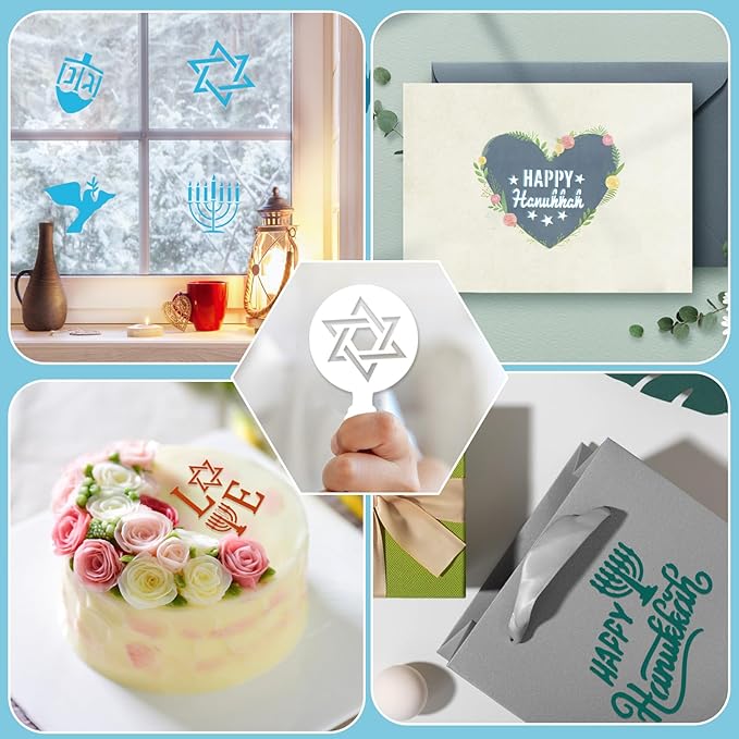 JULBEAR 36 Pcs Reusable Hanukkah Cake Cookie Stencils Dreidel Menorah for Cookies Coffee DIY Hanukkah Holiday Baking Painting Dessert Craft Decoration