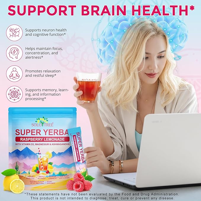 Yerba Mate Instant Tea Powder -Super Yerba Mate 30 Servings with Vitamin D3, Magnesium & Ashwagandha | Energy, Focus & Digestive Health | Low Sugar
