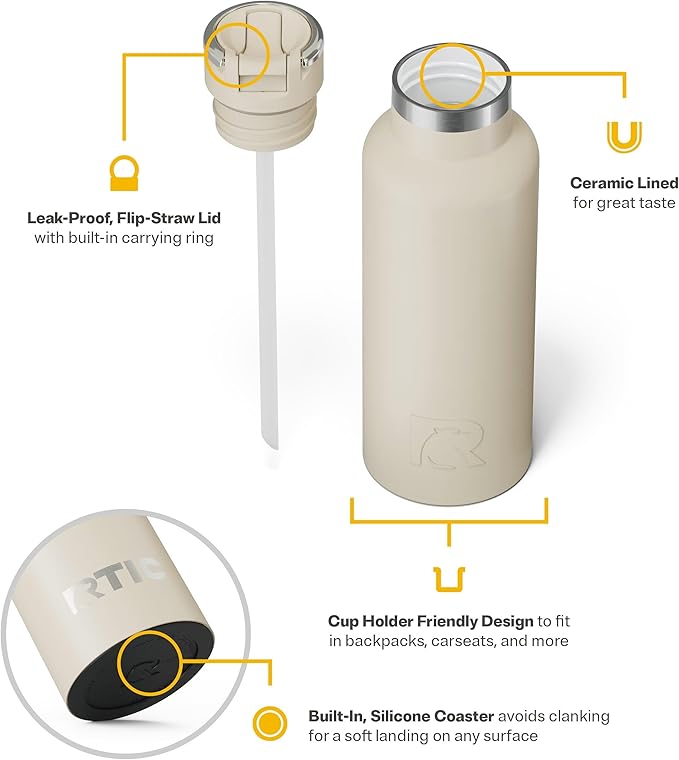 RTIC 16oz Journey Bottle Metal Stainless Steel Vacuum Insulated, BPA Free, Reusable, for Water, Hot and Cold Drinks, Travel, Sports, Camping, Beach