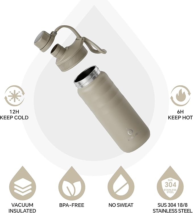 IDEUS Insulated Stainless Steel Water Bottle with 2 Leak-Proof Lids, Thermal Water Flask for Hiking Biking, 18oz, Celadon