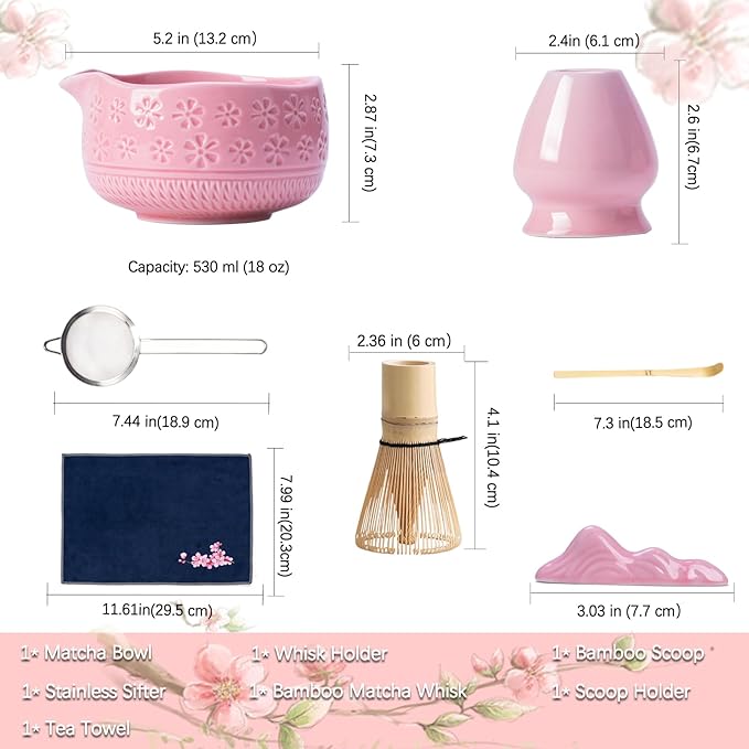 Matcha Whisk Set, Ceramic Matcha Set Includes Matcha Bowl, Matcha Whisk and Holder, Bamboo Scoop, Scoop Rest, Sifter and Tea Towel - 7 Pcs Matcha Kit for Matcha Lovers (Pink)