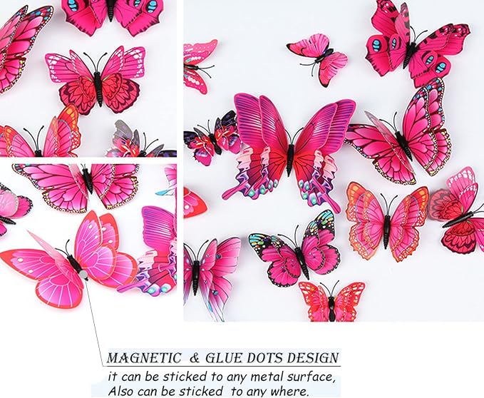 Butterfly Wall Decor 24/48 PCS, 3D Butterflies Stickers for Party Decorations with Magnets (Purple&red, 24)