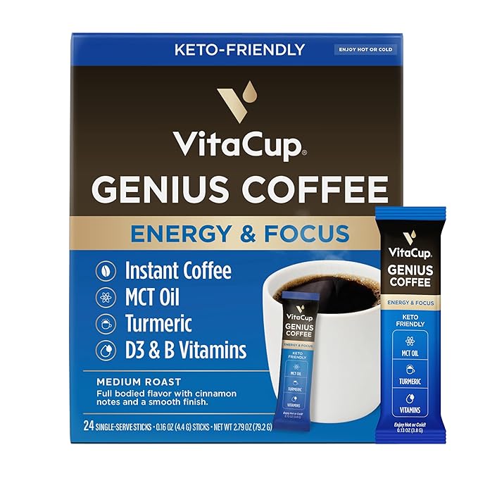 VitaCup Genius Instant Coffee Packets, Increase Energy & Focus, Keto Coffee, Serve Hot or Cold Brew, MCT Oil, Turmeric, B Vitamins, D3, Bold & Smooth,100% Arabica Coffee in Single Serve Sticks, 24 Ct