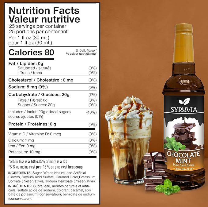 Syruvia Coffee Syrup, Chocolate Mint Flavored Syrup for Drinks, Lattes, and Desserts – 25.4 fl oz,