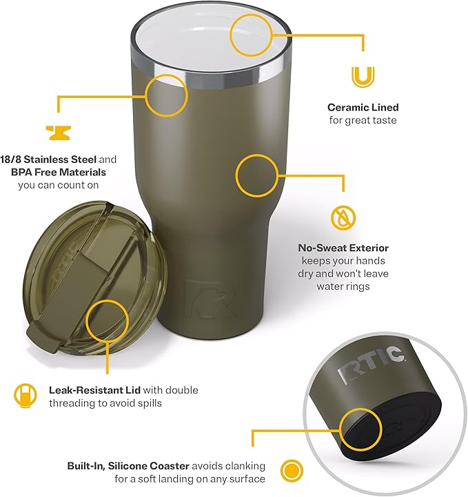 RTIC 40oz Essential Tumbler with Lid, Insulated, Stainless Steel, Metal, Double Wall Vacuum-Insulation, Ceramic Lined, Travel Cup for Iced Coffee, Tea, Hot and Cold Drink, Olive