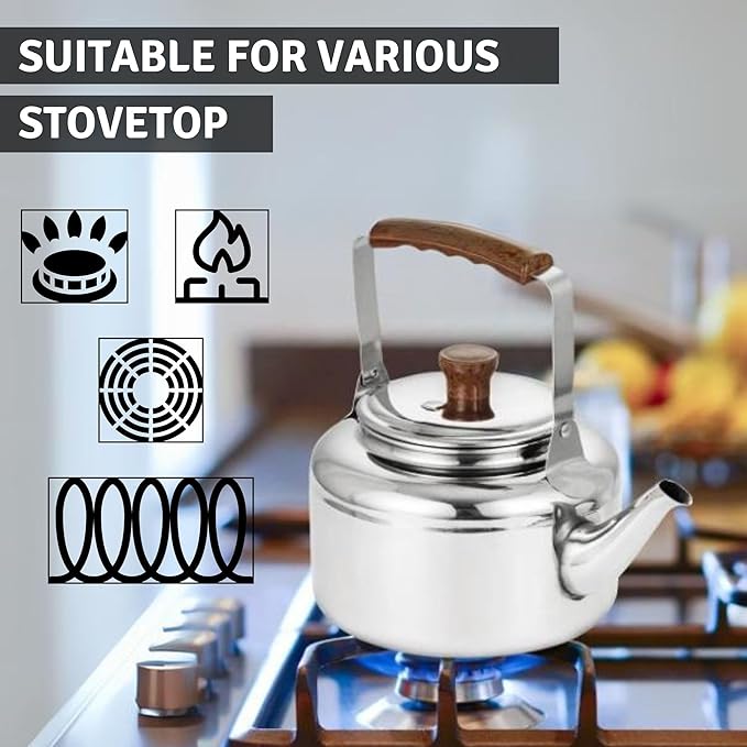 Chandler 3.12 Liter Tea Pots, Vintage Tea Kettle - 0.4mm Stainless Steel Pot - Hard to Dent | Ergonomic Handle with a Cool Grip | Portable Tea Kettle For Camping (Silver Colour)