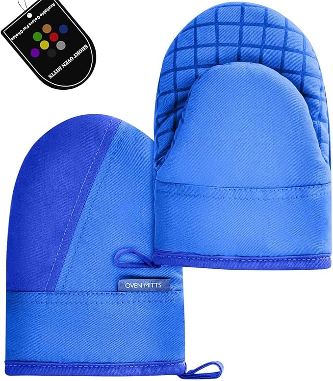 Mini Oven Mitts, Kitchen Oven Gloves Kitchen Mittens 500 Degrees Heat Resistant Baking Gloves, Non-Slip Silicone Surface with Hanging Loops Hot Gloves for Cooking, Baking, BBQ 1 Pair-Blue