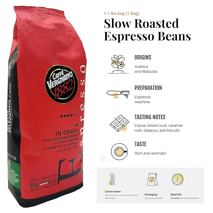 Caffe Vergnano 1882 Granaroma, Espresso, & Antica Bottega Whole Bean Arabica Medium Espresso Roast Coffee, 1.1lbs Bag - Italian Coffee Beans -500g Bag (3 Pk)