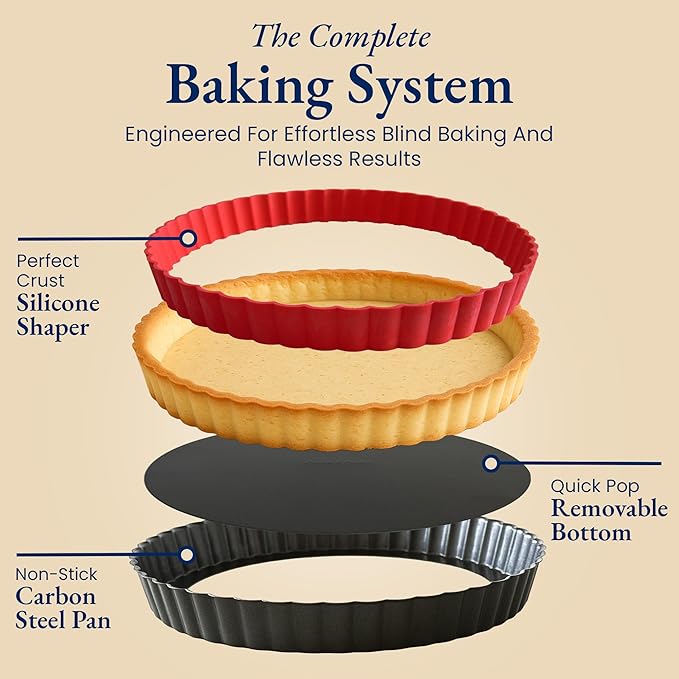 Patz&Patz Classic Tart Pan 9 Inch Removable Bottom with Patented Silicone Crust Shaper | Nonstick Carbon Steel Quiche Baking Dish, Fruit Tart Molds for Baking, Quiche Pan & Pie Mold - PFOA & PTFE-Free
