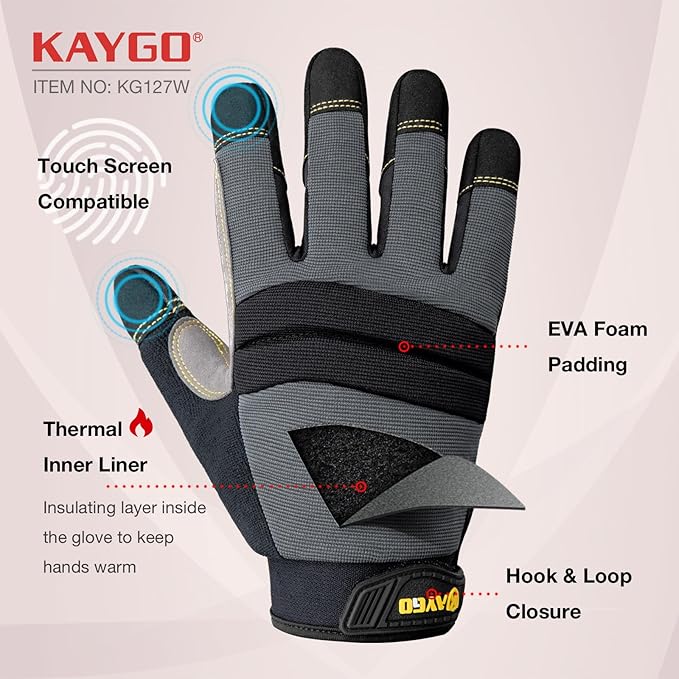 KAYGO Insulated Mechanic Work Gloves,3 Pairs KG127W Winter Thermal Safety Work Gloves for Men and Women, Double Lining,Heavy duty,Improved dexterity,Excellent Grip,Ideal for outdoor jobs,2XL