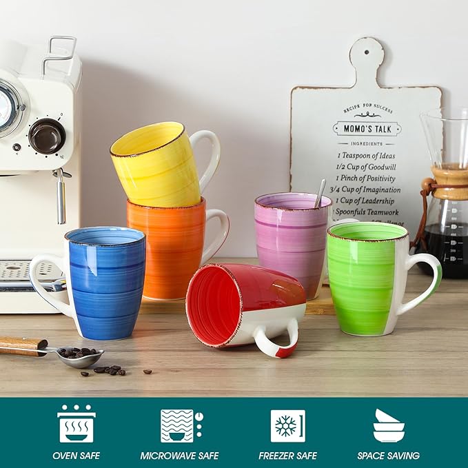 vancasso Bonita 16 Oz Large Coffee Mugs Set of 6, Ceramic Coffee Cups for Cappuccino, Latte, Tea, Cocoa, Warm Color