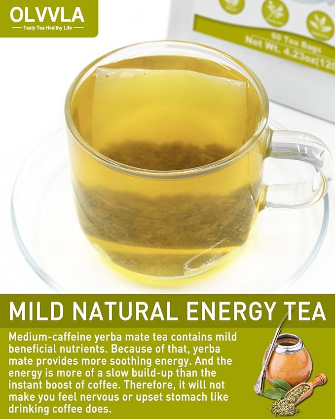 Olvvla - Premium Yerba Mate Tea - 60 Count - 100% Natural Argentine Yerba Mate Tea Bag - Unsmoked Pure Yerba mate - Medium-Caffeine Energy Tea
