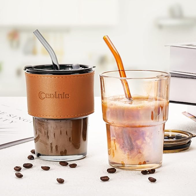 Iced Coffee Cup, 15 oz Glass Cups With Lids And Straws, Iced Coffee Glasses Tumbler, Thick Wall Mug For Tea Water With 2 Straw And Leather Sleeve, Glass Tumbler Gifts