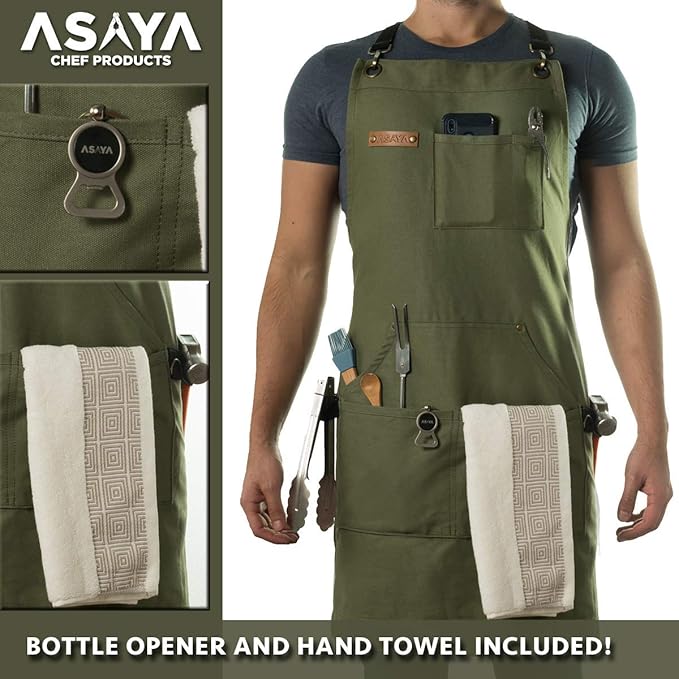 Asaya Chef and BBQ Apron with Bottle Opener and Hand Towel - 10oz Cotton Canvas, Stainless Steel Hardware - Cross Back Straps