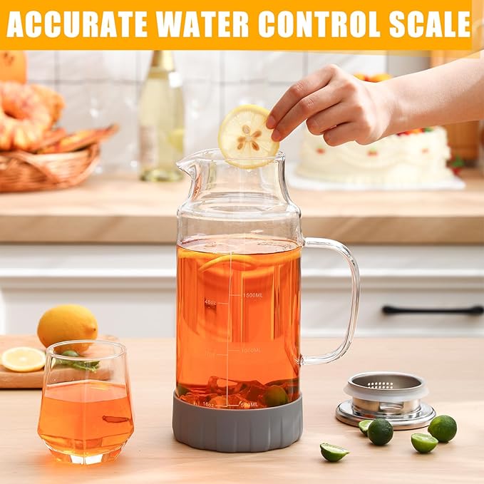 Honeydak 2 Pack Glass Pitcher with Lid, 68 oz 2 Liter Water Pitcher with Silicone Base, Spout and Handle Large Ice Tea Carafe for Fridge, Anti-slip Glass Water Jug for Drinks Tea Coffee Milk Beverage