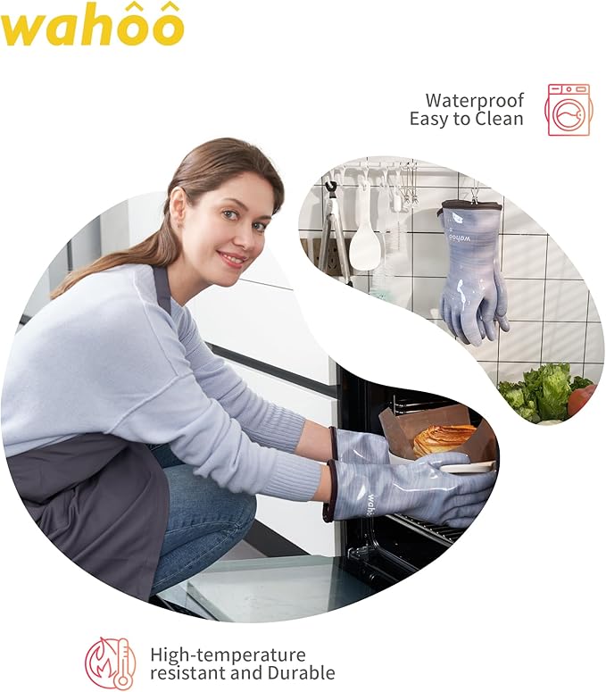 wahoo Professional Liquid Silicone Oven Mitts Gloves, Heat Resistant Gloves for Cooking, Baking, CoralAir Liner, 12 Inch, Purple, X-Large