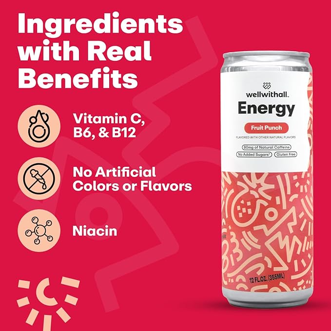 WellWithAll Fruit Punch Energy Drink – Caffeine from Tea – With Vitamin C – Lightly Sparkling Beverage – Fruit & Veggie Juice Blend – 12 Oz (Pack of 12)