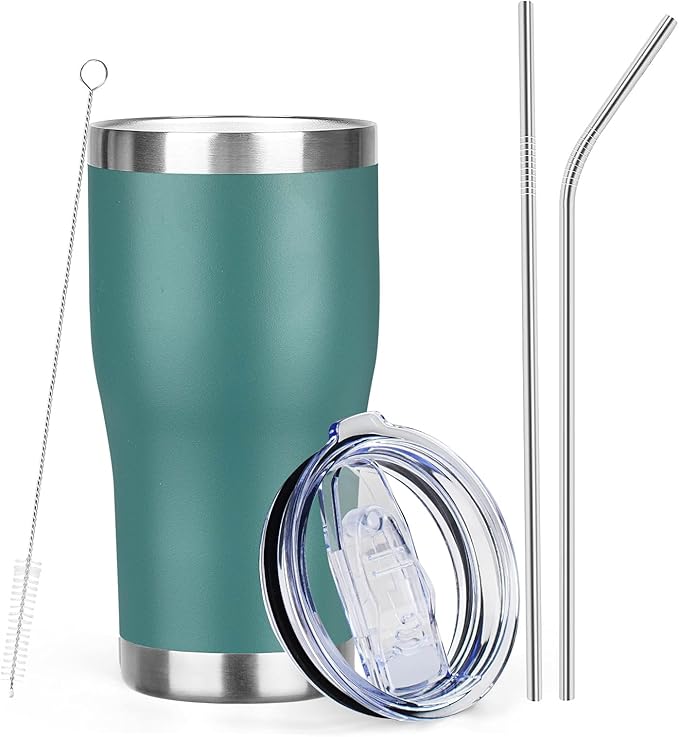 MEZMUT 20oz Coffee Tumbler with Lid and Straw Double Wall Vacuum Insulated Cup Stainless Steel Travel Mugs Insulated for Hot and Cold Leakproof Powder Coated Tumbler for Indoor and Outdoor(Deep Green)