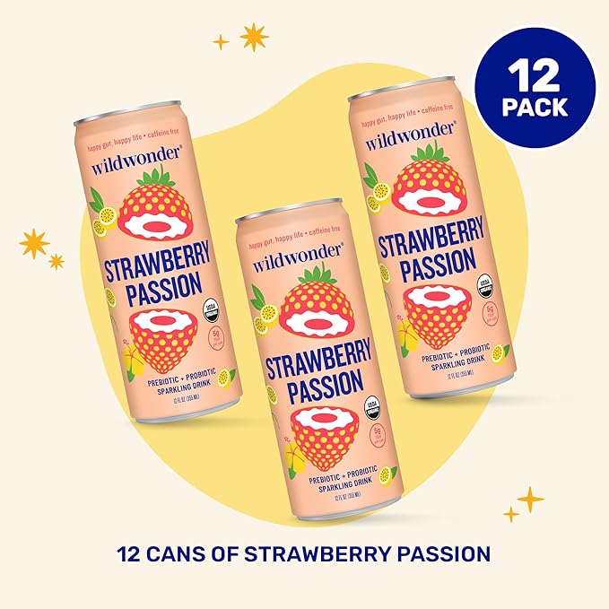 wildwonder Sparkling Probiotic Drink 12pk, For Gut Health & Immune Support, Strawberry Passion, 5g Prebiotic Fiber, Live Probiotics, Organic, Vegan, Low Sugar, 12 Pack, 12oz Can, As Seen on Shark Tank