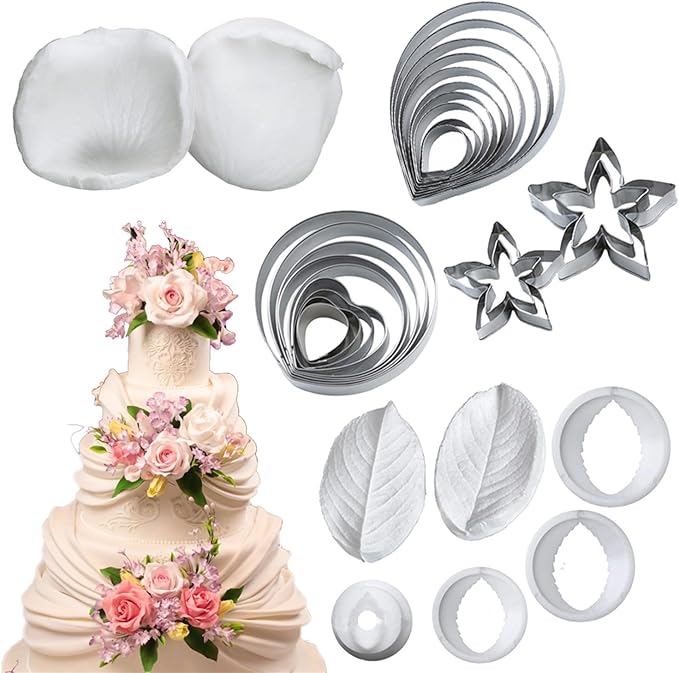KALAIEN 31Pcs Austin Rose Cutter Set Rose Petals Silicone Fondant Mould Veining Petal Sugar Flower Making Tool