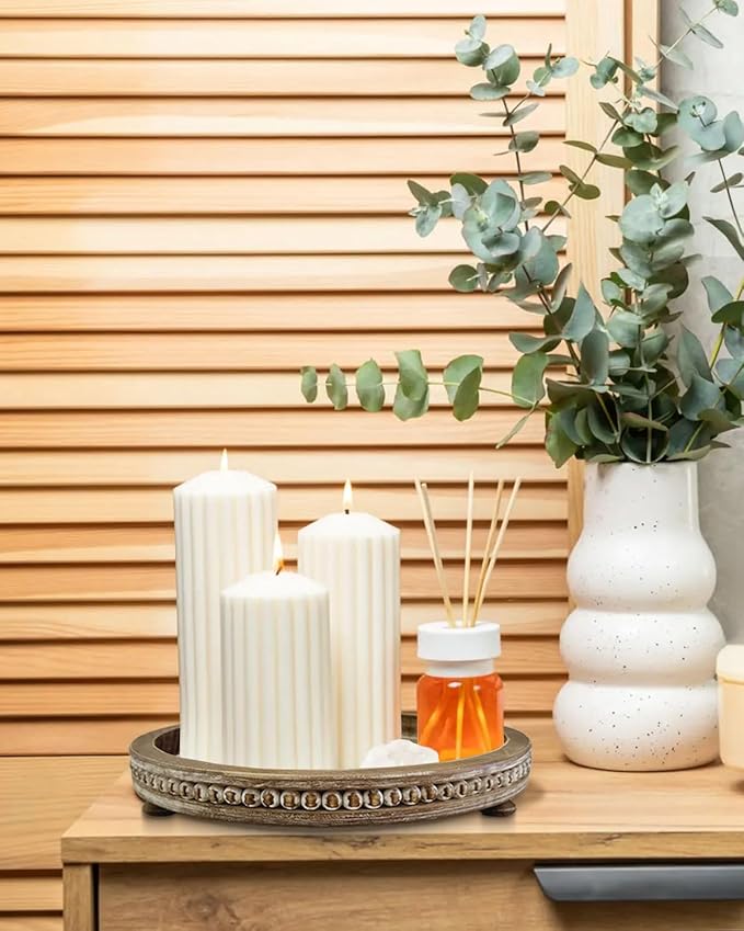 12 Inches Rustic Wooden Decorative Tray, Small Round Beaded Wood Tray for Kitchen Dinning Table Centerpiece Decor Entryway Living Room Home Decor, Brown