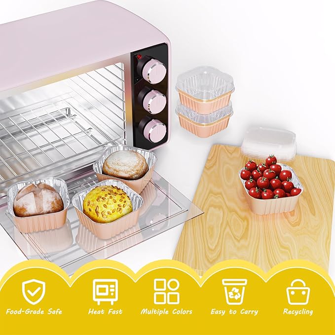 25 Pack Square Mini Cake Pans with Lids,Mini Loaf Pans with Lids,Aluminum Foil Baking Cups,Disposable Ramekins Cupcake Cups,Dessert Cups for Wedding Birthday Party,5oz (Champagne)