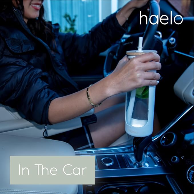 haelo 20oz Glass Tumbler Water Bottle, Iced Coffee Cup with Straw, Silicone Protective Sleeve, Bamboo Lid Reusable BPA Free (Amber)