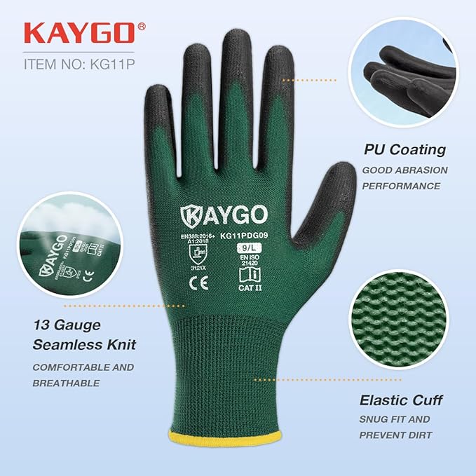 KAYGO Safety Work Gloves PU Coated,12 Pairs KG11PB Seamless Knit Glove for Men and Women, with Smooth Grip on Palm and Fingers, Ideal for General Duty Work (Large,Dark Green)
