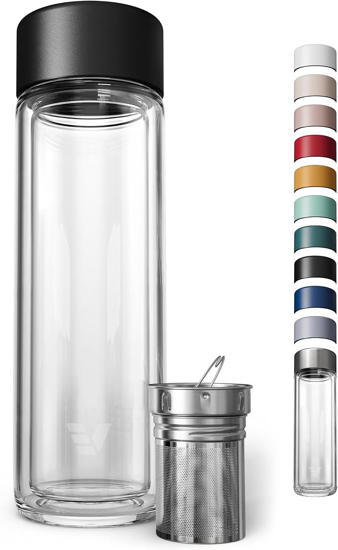 Glass Multi Tea Infuser Bottle 14oz - Double Wall Borosilicate Glass Flask | No Plastic Touches Contents | Perfect for Office or Home - Black