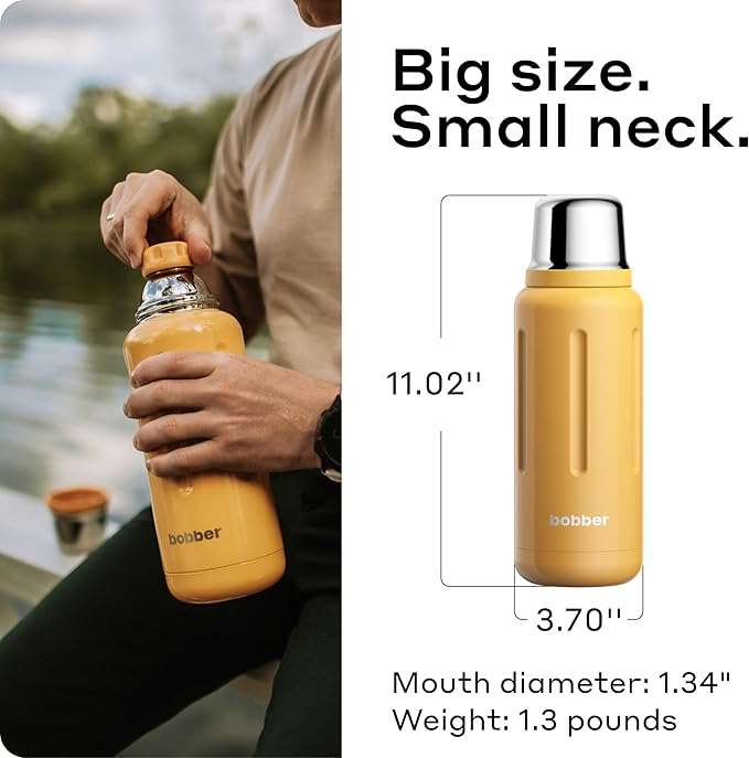 Bobber - 34 oz Vacuum Insulated Stainless Steel Water Bottle with Cup Lid - Dishwasher Safe - Keeps Drinks Hot for 48 Hours and Cold for 72 Hours - Triple Walled Thermo Flask (Ginger Tonic)