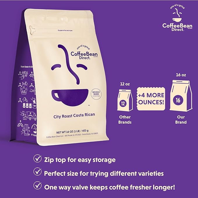 Coffee Bean Direct City Roast Costa Rican, Whole Bean Coffee, Medium Roast, 1 Pound Bag (Pack of 1)