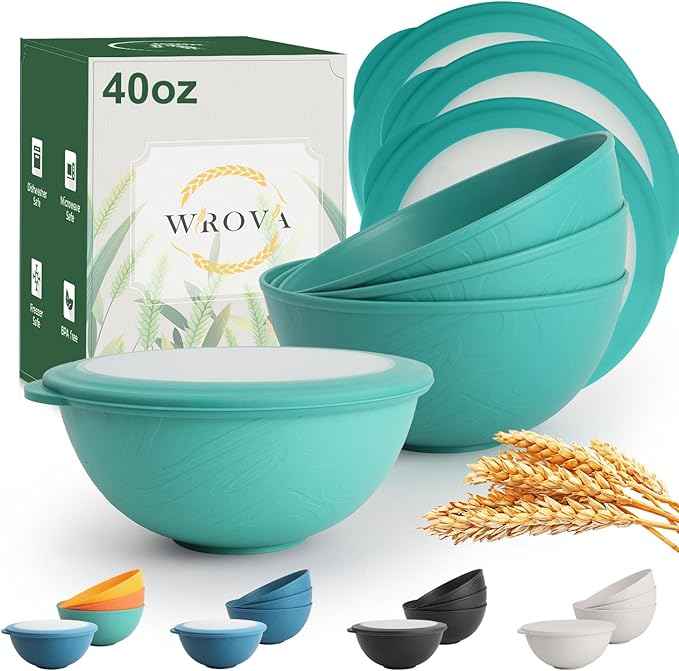 wheat straw bowls set of 4,40oz unbreakable salad bowl set with cover,alternative plastic bowls with cover for kitchen,party,camping and picnic. Green