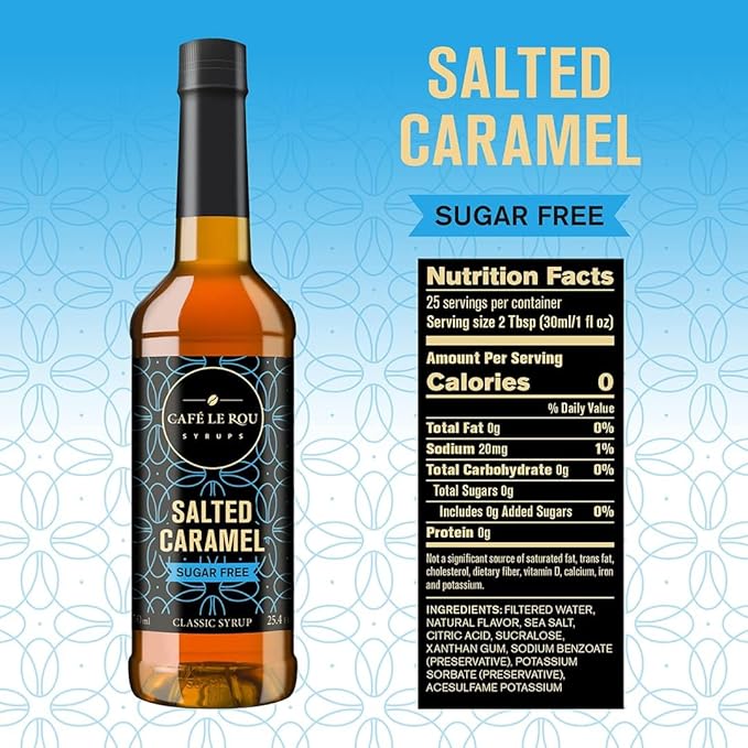 "NEW" Café Le Rou Coffee Syrup Sugar Free Salted Caramel, 25.4oz (Pack of 2)*Includes 2 Coffee Syrup Pumps*, Cafe Coffee Flavoring Syrup for Coffee, Tea, and Espresso