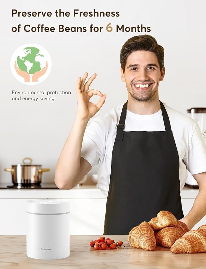 OUTPEAK 2025 Kilo Auto Vacuum Coffee Canister, 1.8L for 21.2oz Coffee Beans, One-Button Operation, Stainless Steel Container with Scoop, Fresh 6-Month Storage Container (Barista Champion's Choice)