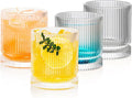 Ribbed Glass Cups Set, 390ml Vintage Drinking Glassware Set of 4, Cocktail Glasses, Low Ball Ribbed Glassware, Mixed Glassware Set, Premium Whiskey Glasses, Ideal for House of Glass