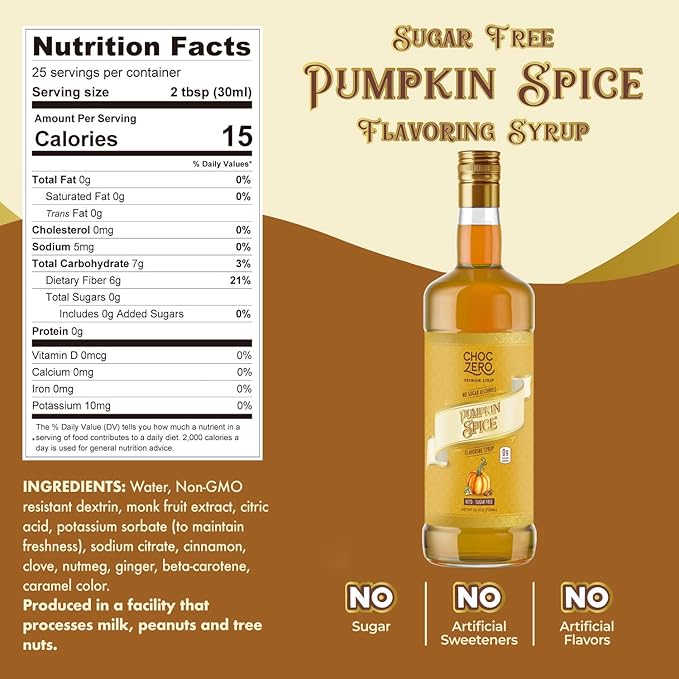 ChocZero Sugar Free Coffee Syrup, Pumpkin Spice Flavor, Simple Syrup Drink Mix, Chai Latte, Protein Shakes & Baking, Gluten Free, All Natural, 25.4 Ounces Bottle (Pack of 1)