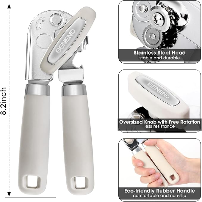 Beneno Can Opener Manual with Magnet, Hand Held Heavy Duty Can Opener with Durable Sharp Blade Smooth Edge, Big Effort-Saving Knob, Soft Grip Rubber Handle, Multifunctional Bottle Opener, Beige