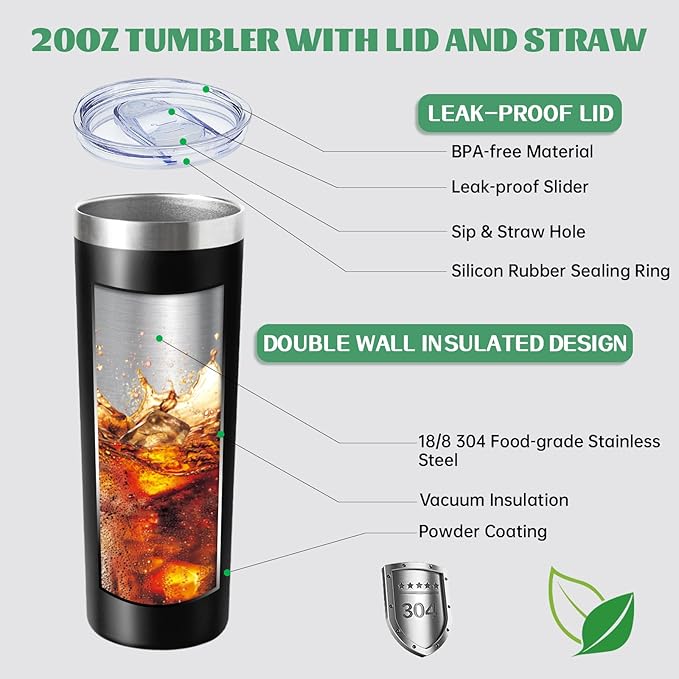 20 oz Skinny Tumbler with Lid and Straw,Stainless Steel Vacuum Insulated Tumbler Cup Double Wall Leak-proof Coffee Mug,Travel Thermal Water Tumbler for Office,Outdoor (Black/White/Rose gold/Silver)