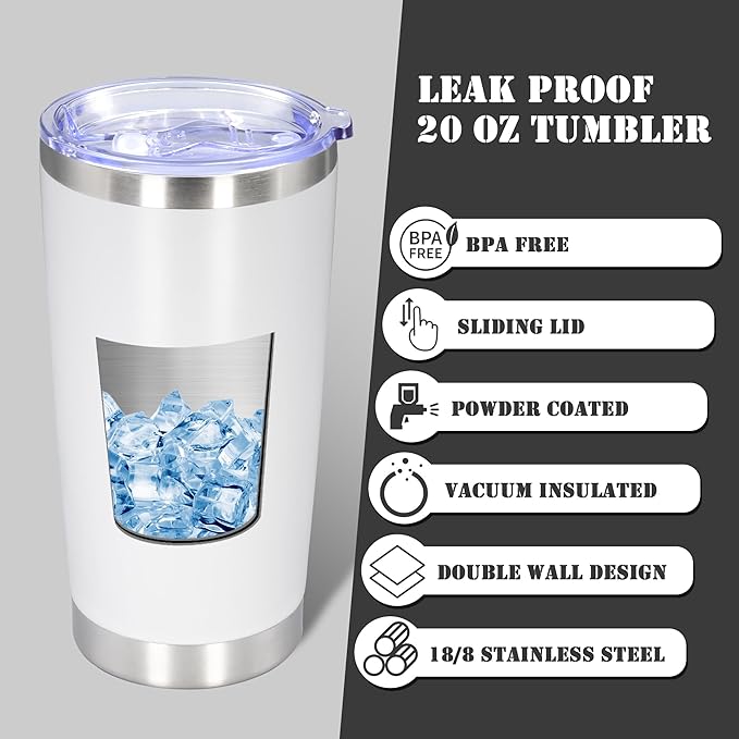 20 oz Tumbler with lid Double Wall Vacuum Insulated Tumblers Stainless Steel Coffee Mug Travel Coffee Tumbler Powder Coated Tumbler Cup Keep Hot&Cold - (White 12 Pack)