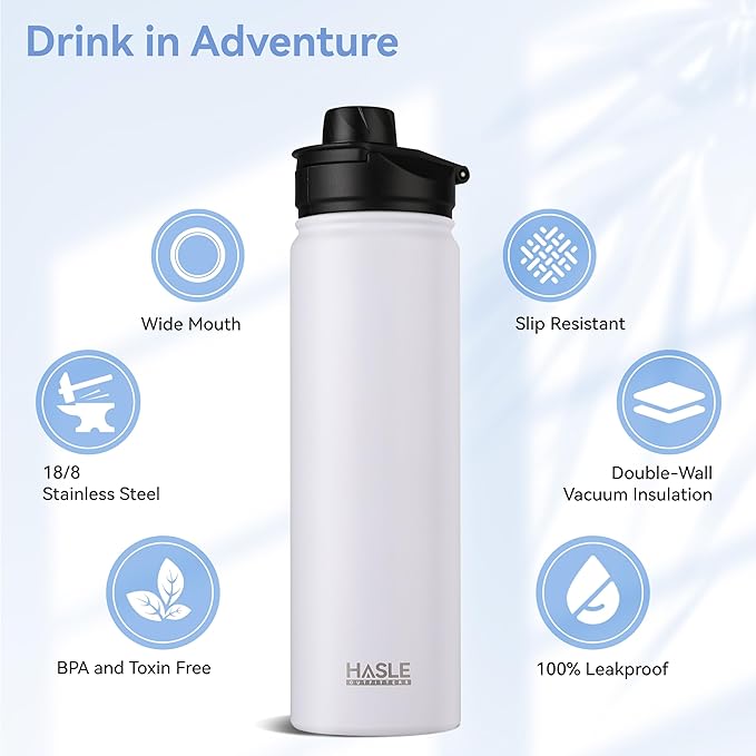 HASLE OUTFITTERS Insulated Water Bottle 22 oz Double Wall Stainless Steel Water Bottle Wide Mouth with Straw Lid & Spout Lid Keeps Cold or Hot(White,4)