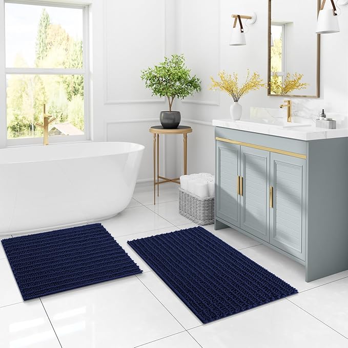 Arotive Luxury Chenille Bathroom Rug Mat, Extra Soft Thick Absorbent Shaggy Bath Rugs, Non-Slip Machine Wash Dry, Plush Bath Mats for Bathroom, Shower and Tub, 70x24, Navy