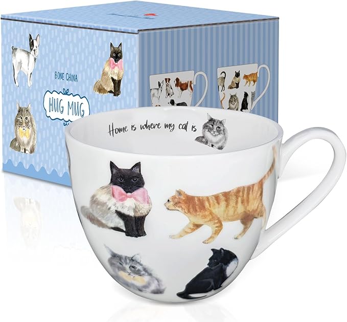 Cute Cat Mugs for Daily Coffee and Tea, Premium 20 oz Bone China Coffee Tea Hug Mug, Perfect Holiday and Birthday Gift for Cat Lovers, Designed in England by Harvest Green Studio