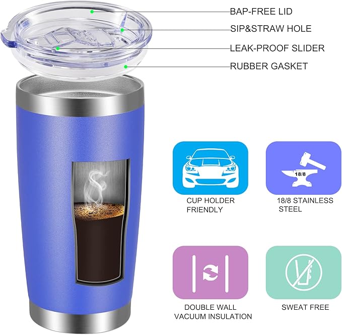 VEGOND 20oz Tumbler with Lid and Straw Stainless Steel Tumbler Cup Bulk Vacuum Insulated Double Wall Travel Coffee Mug Powder Coated Coffee Cup (Bluish Violet 6 Pack)