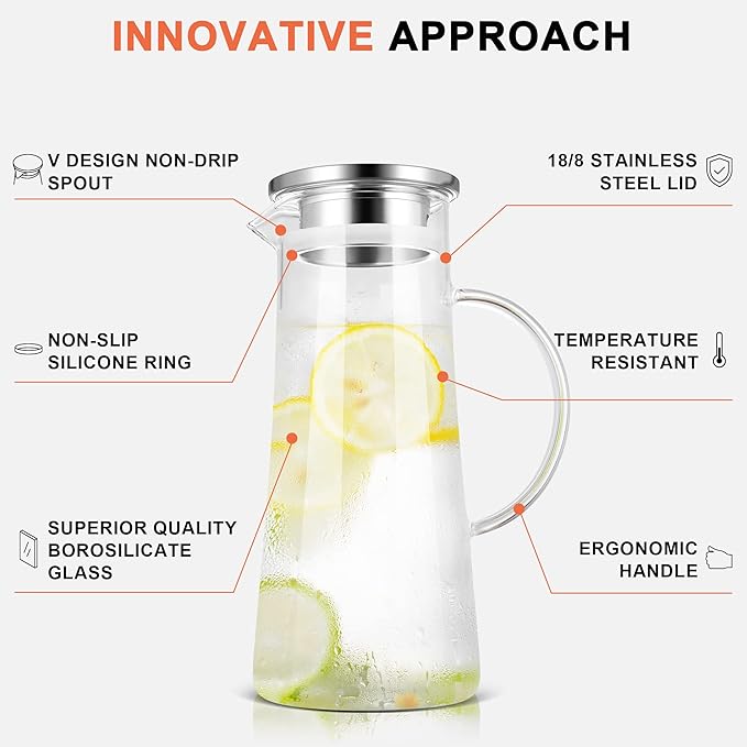 SUSTEAS 1.5 Liter 51oz Glass Pitcher with Lid, Easy Clean Heat Resistant Glass Water Carafe with Handle for Hot/Cold Beverages - Water, Cold Brew, Iced Tea & Juice, With 1 Long-Handled Brush Included