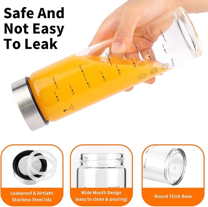 Glass Juice Bottles 4 Pack 20 oz - Wide Mouth Glass Water Bottles with Lids - for Juicing, Protein, Smoothie, Milk, Reusable, BPA Free, Stainless Steel Lids, Blender, Shaker Bottle [20oz/600ml]