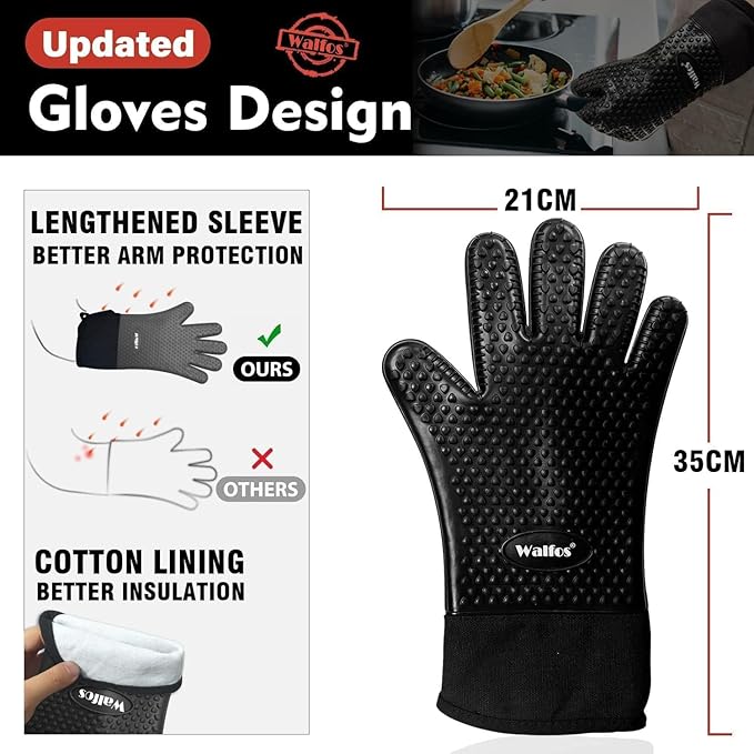 Walfos Silicone BBQ Gloves - Heat Resistant Grilling Gloves, Premium Non-Slip Kitchen Silicone Oven Mitt With Protective Cotton Layer Inside, Waterproof, Great for Grilling, Kitchen and Cooking, Black